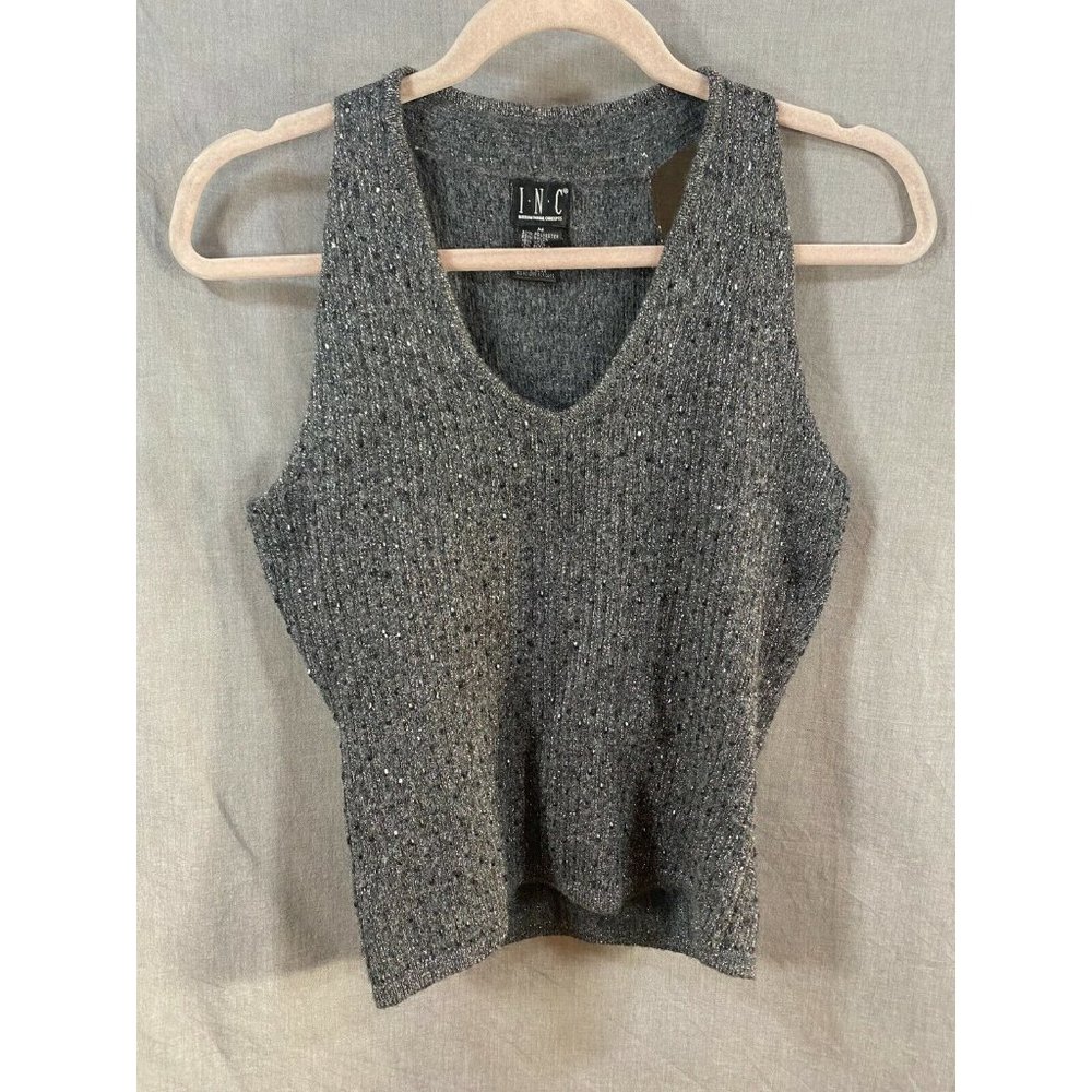 INC Sweater Womens Medium Grey‎ Metallic Sleeveless Pullover Ladies
